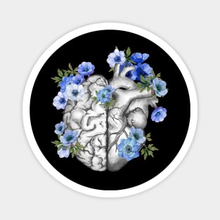 Right balance between head or brain and heart, Half heart and brain, blue anemones flowers anemoneus Magnet